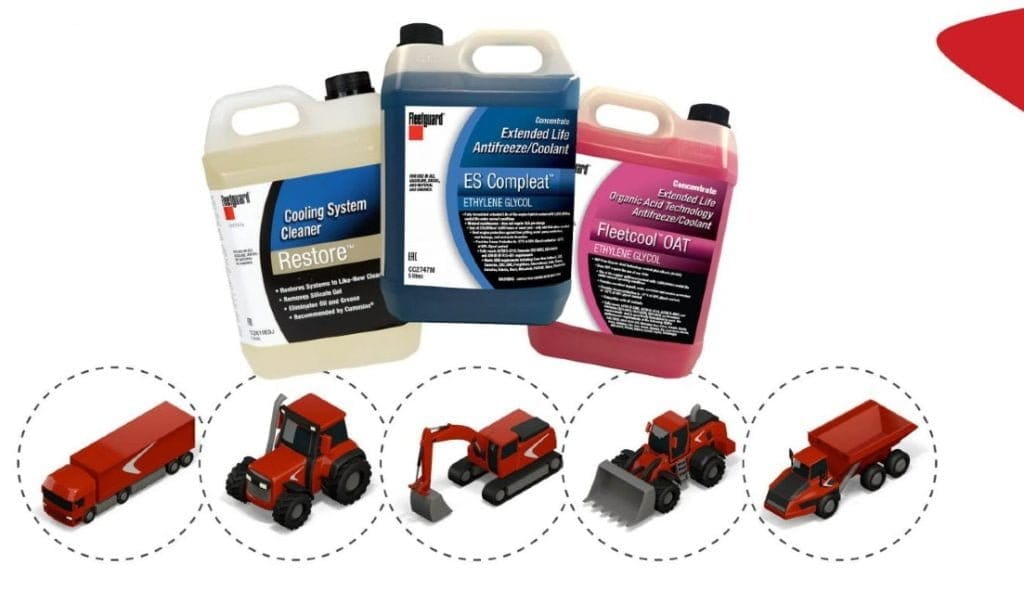Dette billede illustrere Fleetguard kylvätska – marknadens bästa motorskydd för hela maskinparken