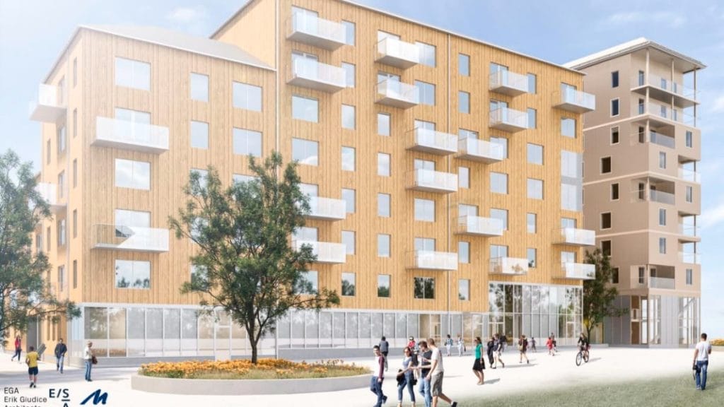 Dette billede illustrere Träpalatset i Uppsala – miljöklassade hus i mycket expansivt område