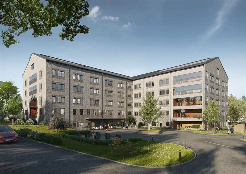 Dette billede illustrere K-Prefab levererar betongstommen till äldreboende och LSS-boende i Skara