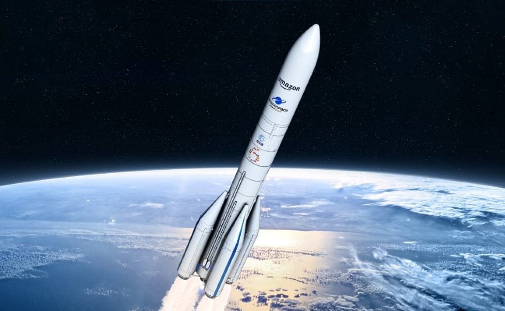 Dette billede illustrere GKN Aerospace stolt partner när Amazon anlitar Arianespace för uppskjutningar med Ariane 6