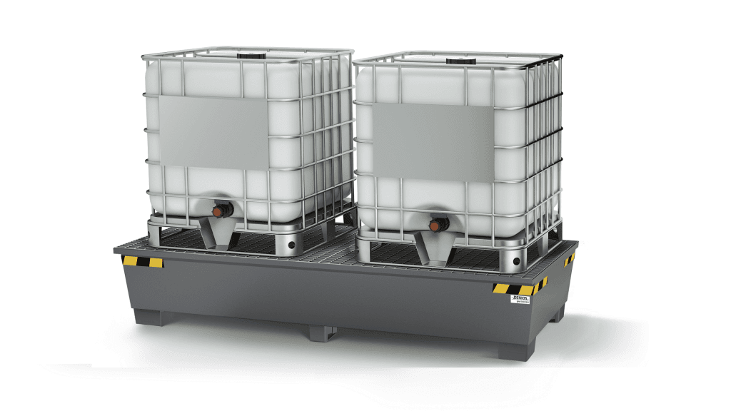 Dette billede illustrere DENIOS nya uppsamlingskärl har 18% mindre stål med samma invallningsvolym