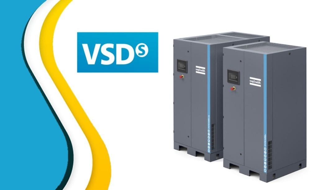 Dette billede illustrere Atlas Copco introducerar den nya skruvkompressorn GA VSDS