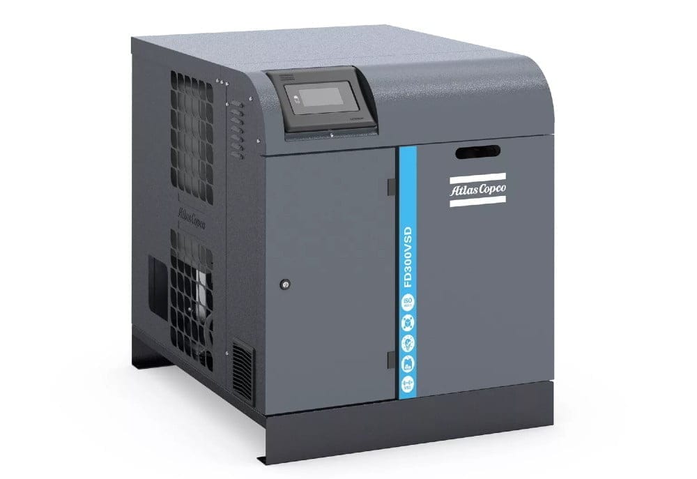 Dette billede illustrere Atlas Copco introducerar FD VSD 100-300, nya varvtalstyrda kyltorkar med tvåsiffriga energibesparingar