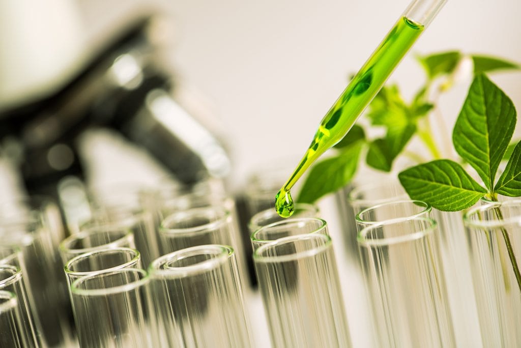 pipette over test tube dropping sample chemical into sample herbal plaint with microscope background , biotechnoloy research concept