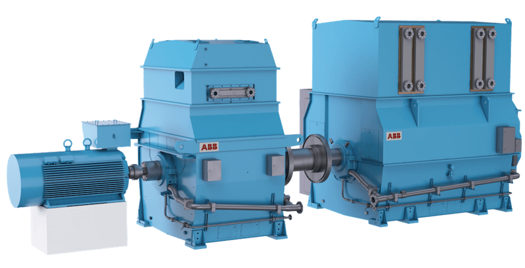 ABB:s Pony motor till vänster, svänghjul i mitten och synkronkompensator till höger.
