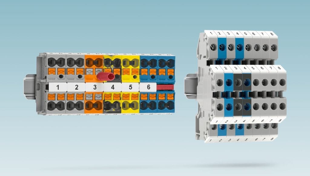 Miniatyrplintar MPTD och MUTTB monterade på 15 mm DIN-skena